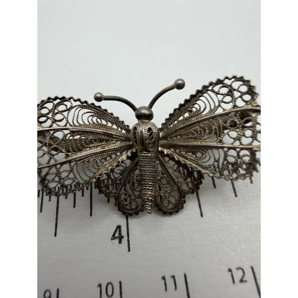 2 Vintage 800 Italian Silver Filigree Butterfly Brooch